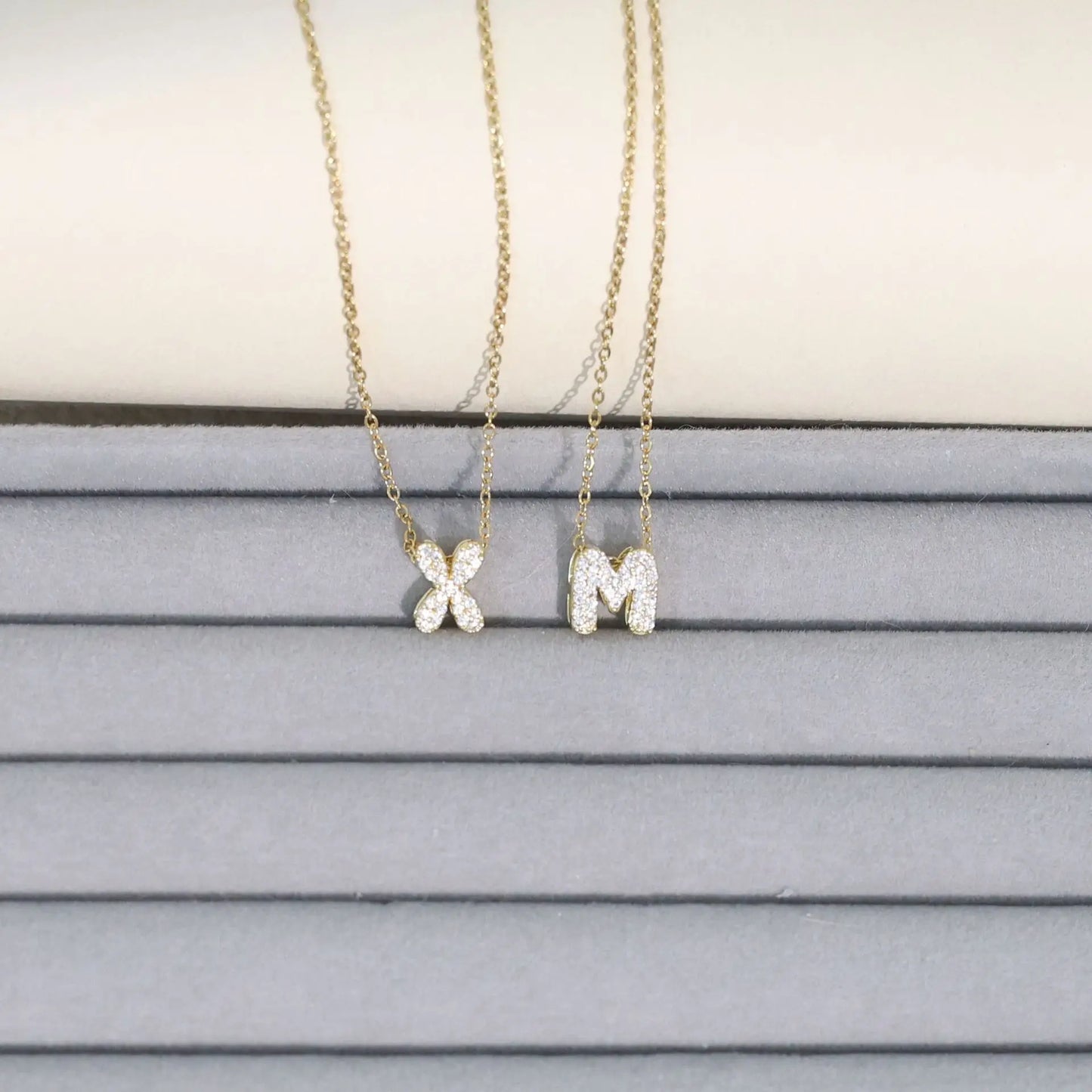 Crystal Bubble Letter Initial Necklace | Gold