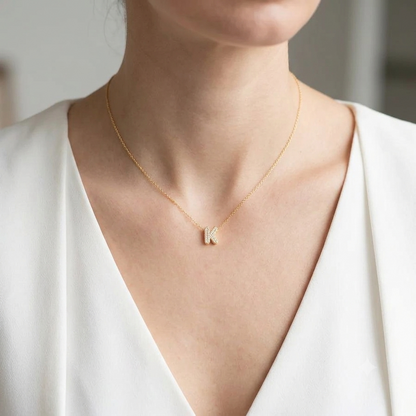 Crystal Bubble Letter Initial Necklace | Gold