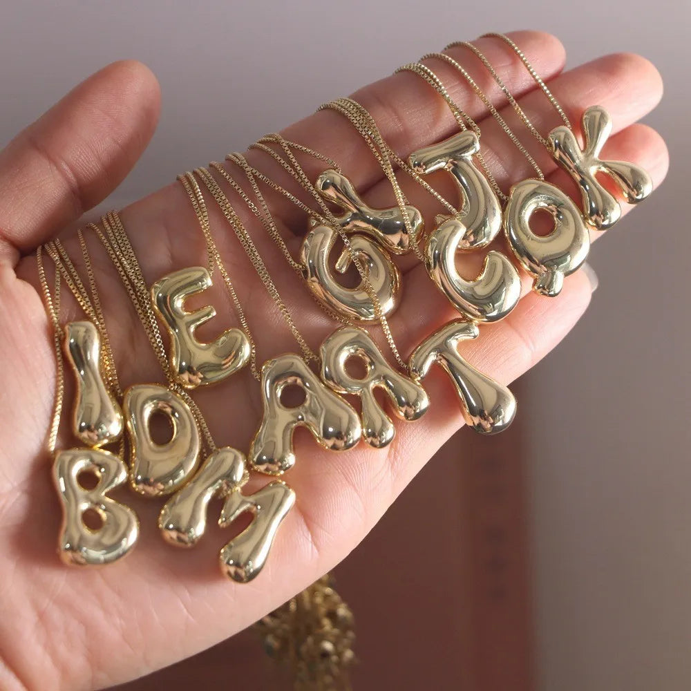 Chunky Bubble Letter Initial Necklace | Gold